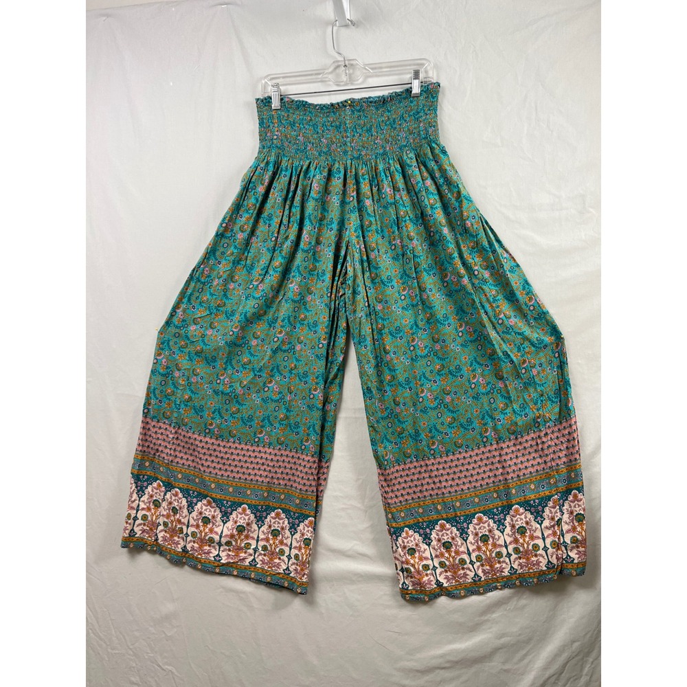 Natural Life Palazzo Pants Womens L Teal Floral Smocked High Rise Wide Leg Boho